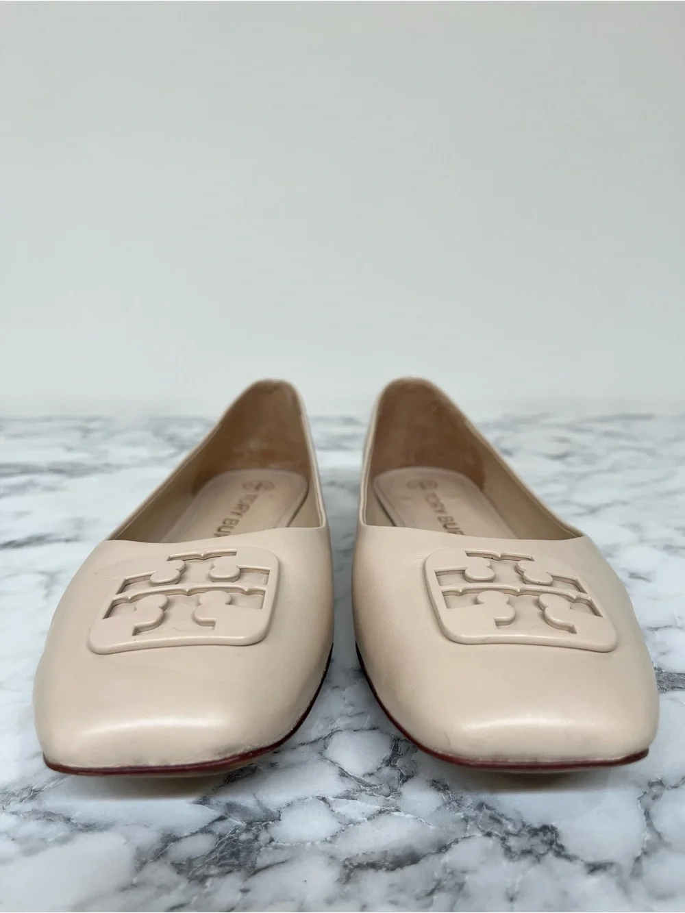 Tory Burch Georgia Ballet Flats Women’s Size 8 Cream Leather Square Toe Logo